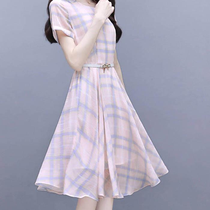 Pofulove S-3XL Women O-neck Chiffon Plaid Dress with Belt Slim Sexy Short-sleeved Long A-line Dress