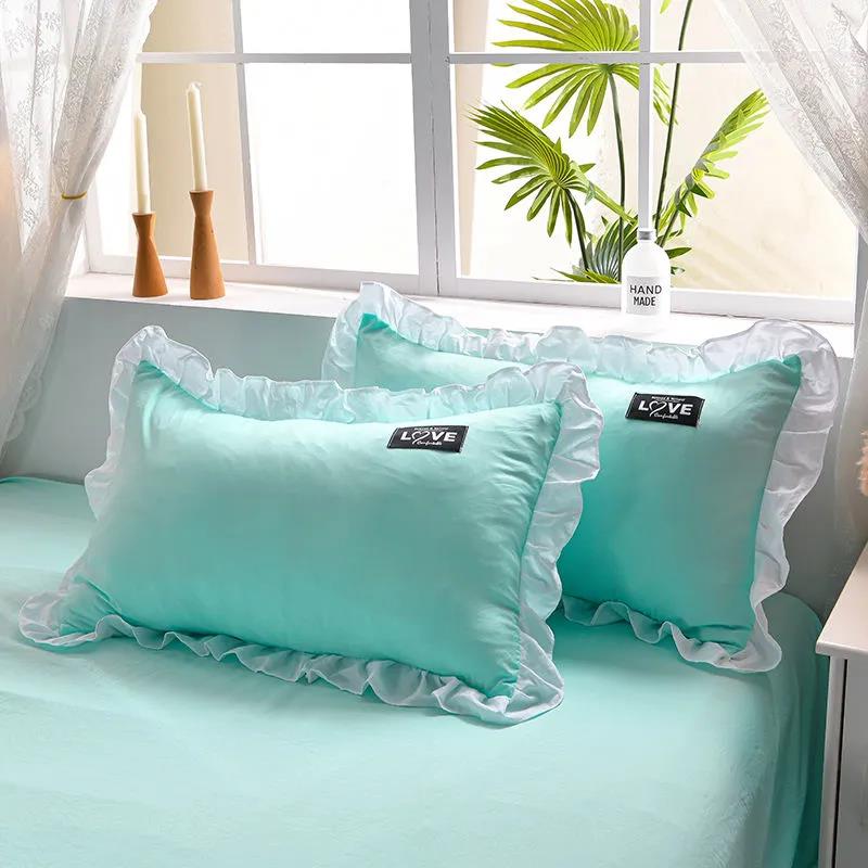 Korean Version of Solid Color Washed Cotton Pillowcase Stitching Lotus Leaf Lace Pillowcase 48*74cm A Pair of Large Pillowcases