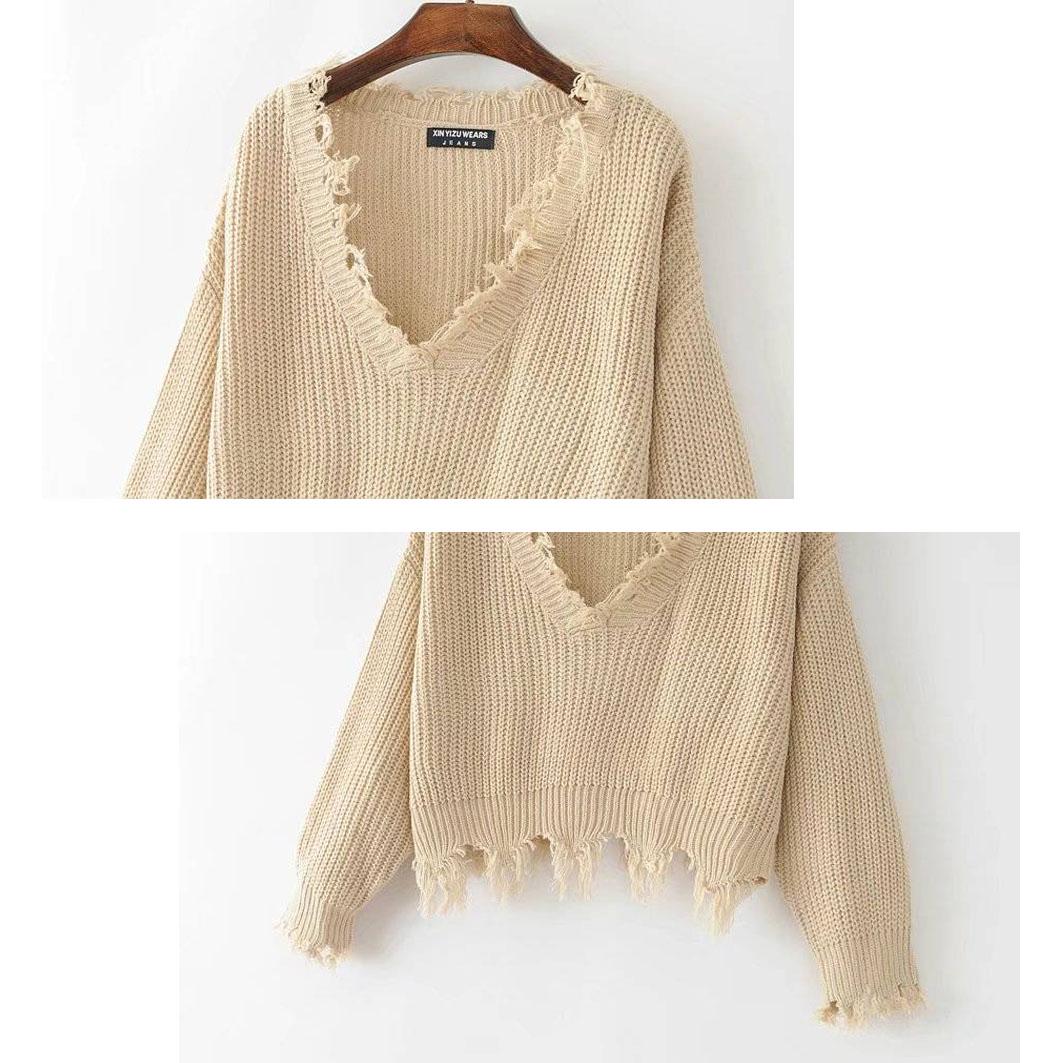 Loose Casual Solid Color Irregular Sweater Fashion Chic Tassel V-neck Long-sleeved Knit Pullover