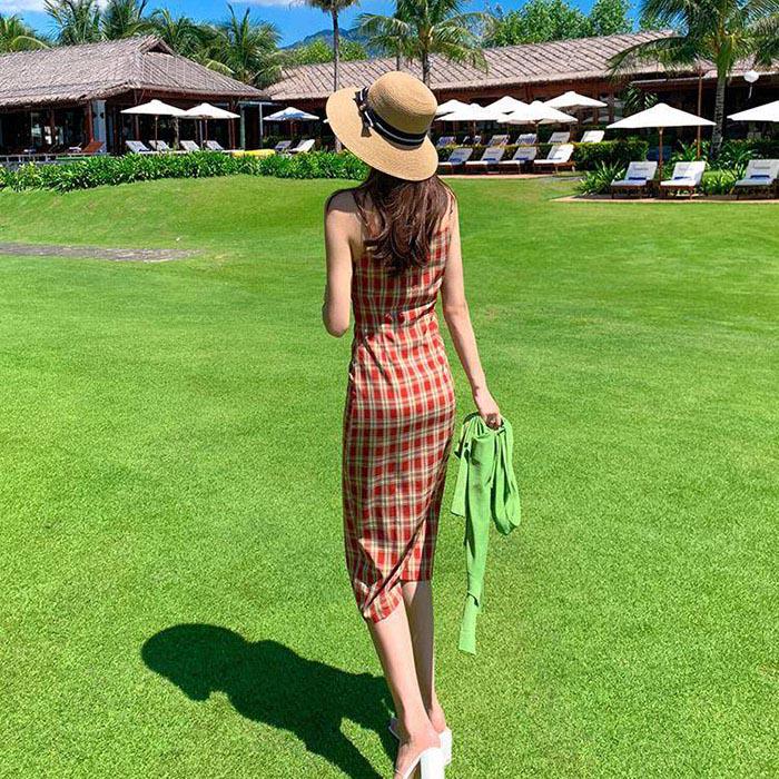 Pofulove Women Retro Thin Strap Cheongsam Dress Below The Knee V-neck Skirt Vacation Beach Dress