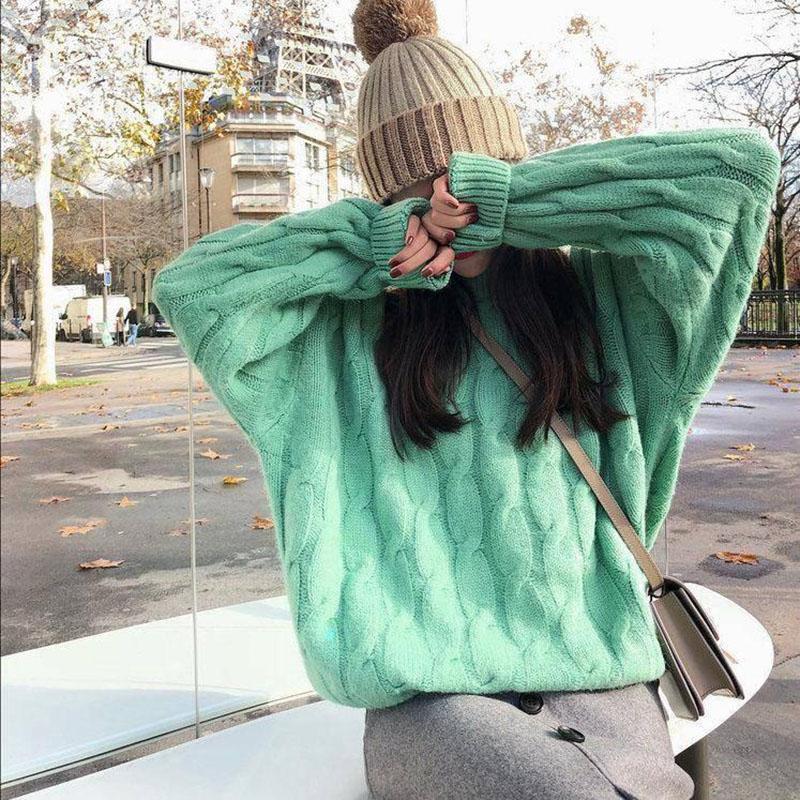 Women Winter Thick Warm Plus Size Knit Sweater Women Loose O-Neck Pullover Twist Pullover Sweater