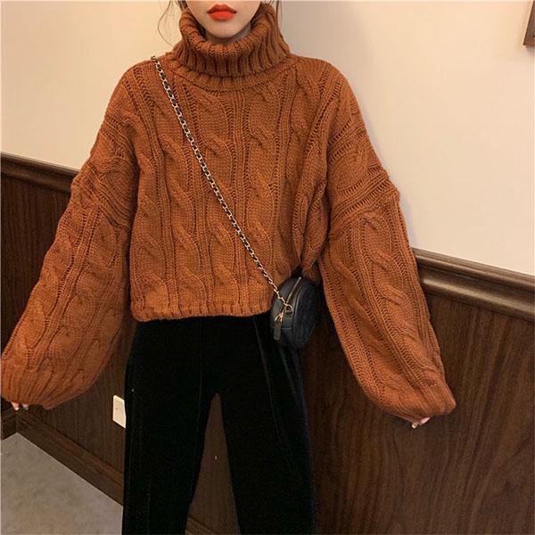 Lazy Style Loose Turtleneck Sweater Female Students Solid Color All-match Hedging Twist Knit