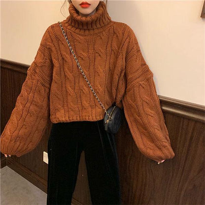 Lazy Style Loose Turtleneck Sweater Female Students Solid Color All-match Hedging Twist Knit