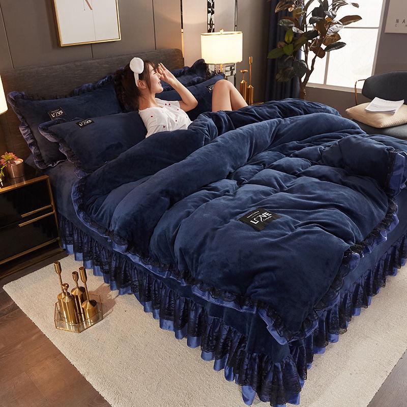 Grey Winter Fleece Bedding Set Duvet Cover Flannel Fleece 4pcs Home Bed Set Bed Linens Warm