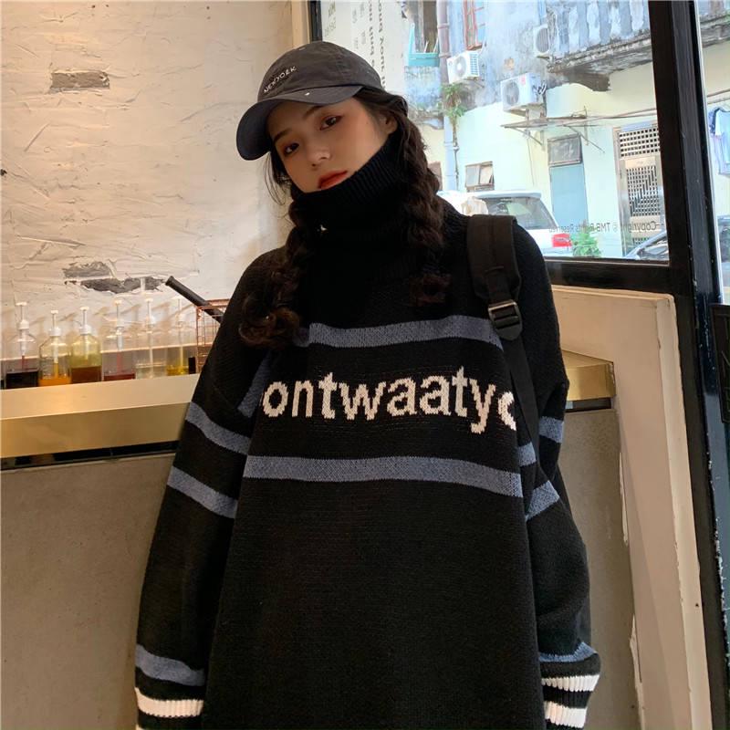 Turtleneck Color Matching Alphabet Sweater Schoolgirl Loose Wild Thick Sweater Winter Coat