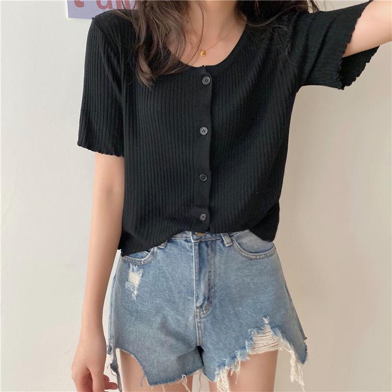 Summer and Autumn Knitted Tops Round Neck Short-sleeved Sweater Cardigan Loose Young Women's Jacket
