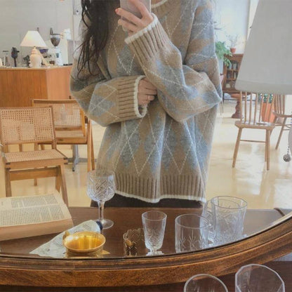 Pullover Plaid Sweater Long Sleeve Sweater Women Autumn and Winter Retro Net Red Loose