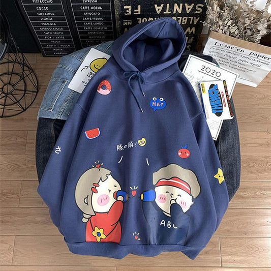 Autumn and Winter Cartoon Loose Hooded Sweater Men's Couple Print Pullover Jacket Student