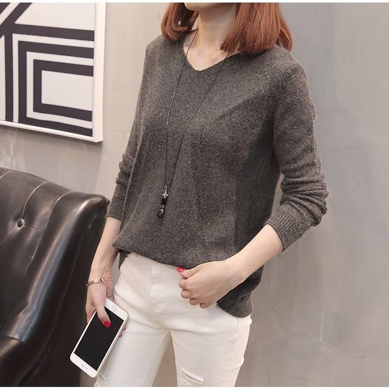 Winter Women V-neck Thickened Pullover Back Buckle Loose Office Warm Undershirt Sweatshirt