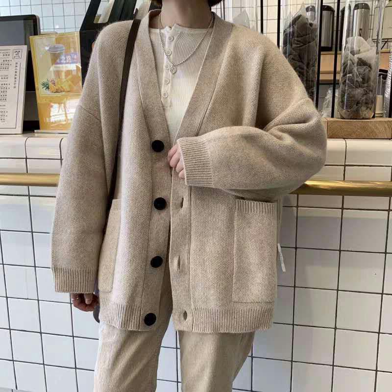 Women's Sweater Coat Loose V-neck Long-sleeved Cardigan Solid Color Sweater with Buttons