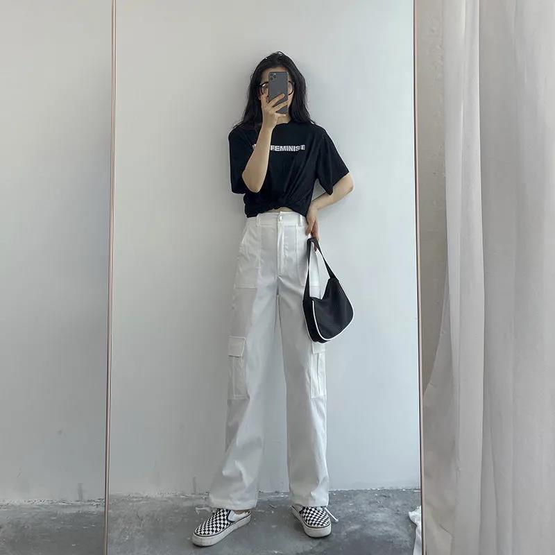 White Retro BF Harajuku Style Overalls Women's High-waisted Thin Waist Pants Casual Long Pants Tide