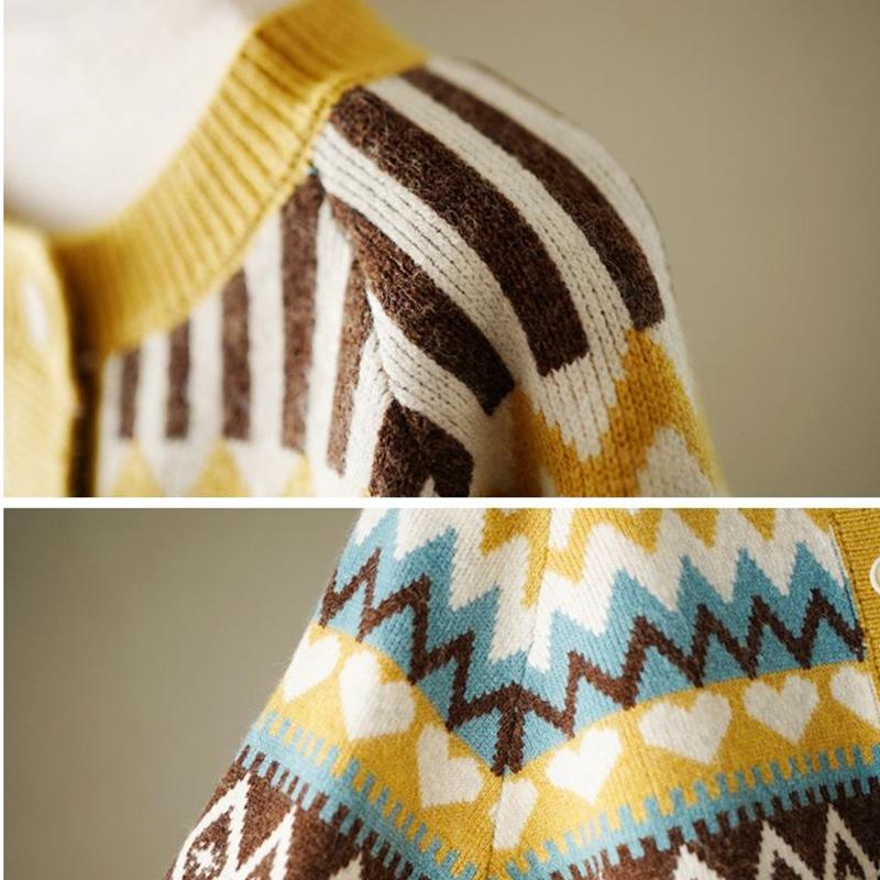 Retro Love Jacquard Round Neck Sweater Loose Ethnic Style Sweater Cardigan Jacket Long-sleeved Warm Casual Jacket