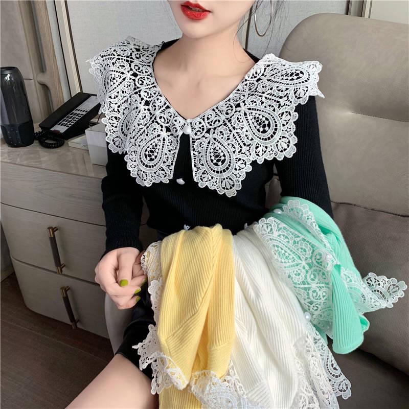 Pofulove Girly Lace V Neck Base Knitwear Skin-friendly High Elastic Fit Women Pullover Sweater