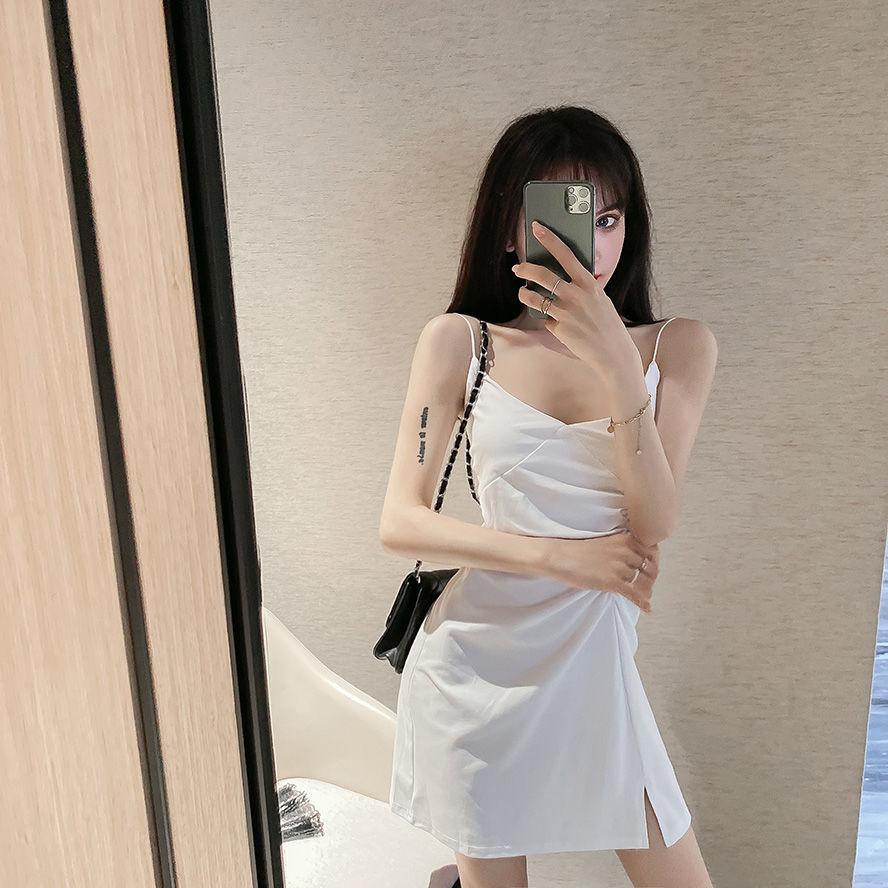 Simple Casual Suspender Dress Female Summer Split Slim Retro Bottomed Vest Skirt Beach Holiday Beach Mid Length Dress