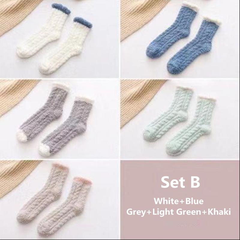 5 Pairs Coral Fleece Socks Women's Thickening Fleece Sleeping Socks Autumn Winter Home Floor Plush Socks Warm Sleeping Socks