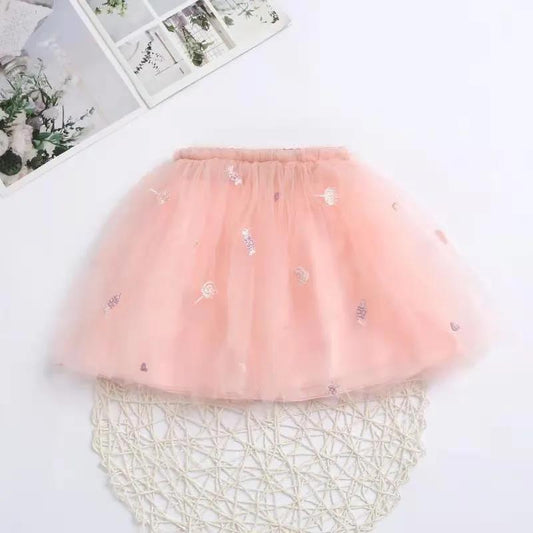 Autumn Spring Summer Girls' Skirts Korean Elastic Short Skirts Pleated Skirts Embroidered Candy Mesh Skirt Puff Skirts
