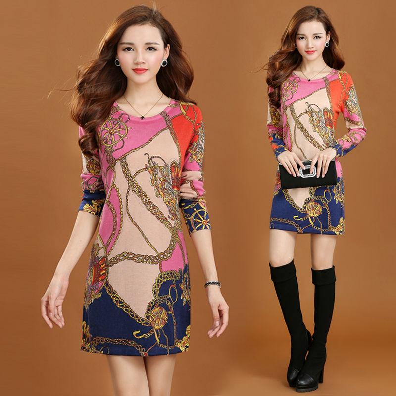 Women's Autumn Winter Sweater Dress Mid-length Printed Sweater Knitted Pullover Bottoming Sweater