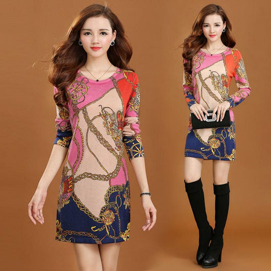 Women's Autumn Winter Sweater Dress Mid-length Printed Sweater Knitted Pullover Bottoming Sweater