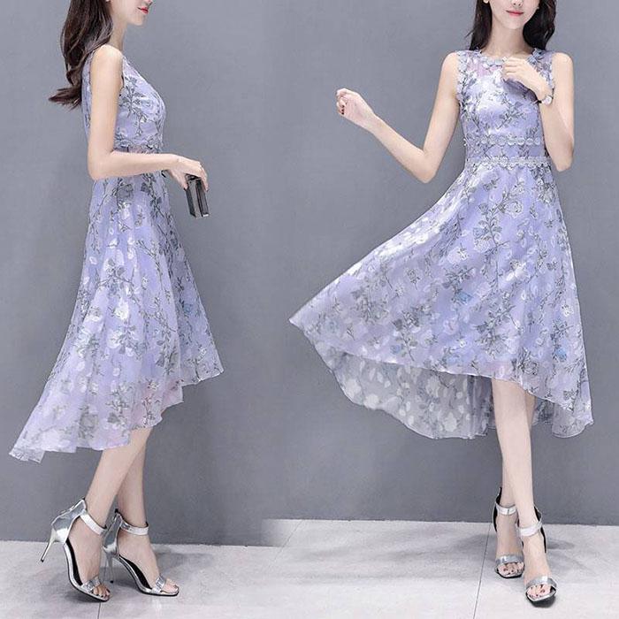 Pofulove S-2XL Women Summer Printed Floral Chiffon Dress Slim Sleeveless O-neck A-line Evening Dress