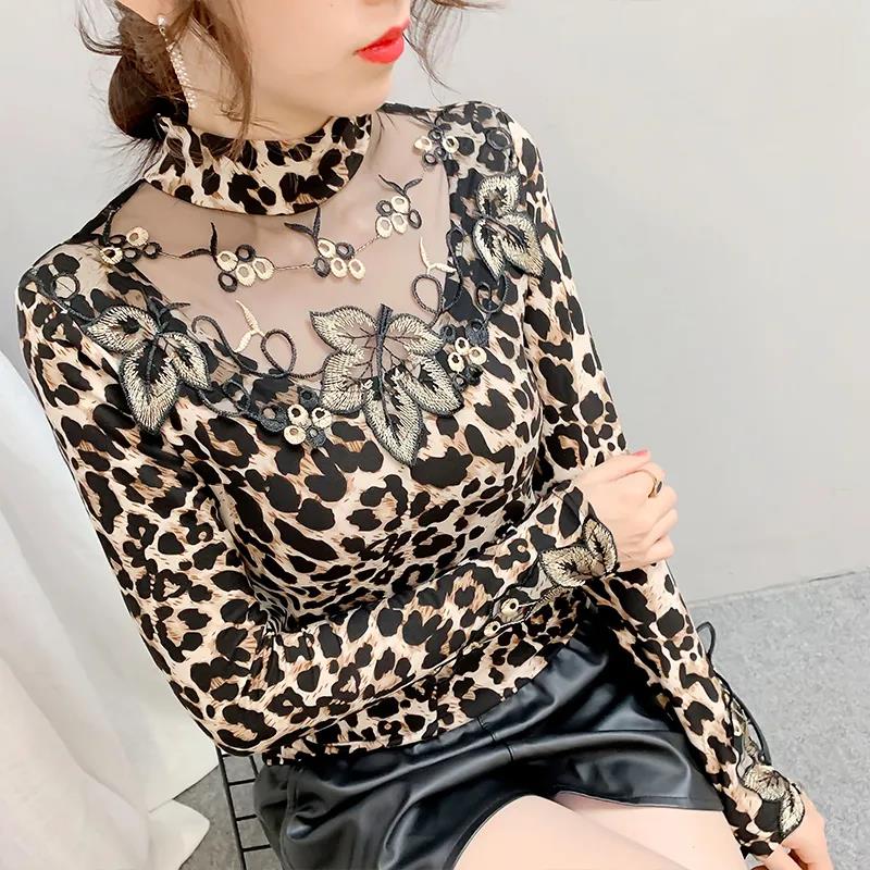 Spring Leopard Print Long Sleeve Bottom Shirt Fashion Lace Embroidered Top Slim Fit Sexy Plus Size Women's Top