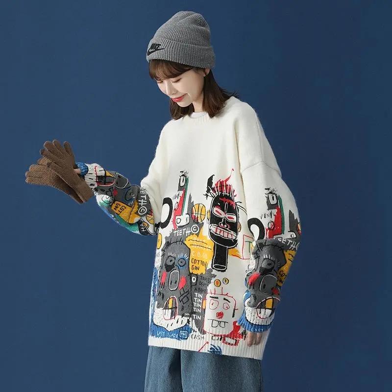 Women Oversized Sweater Autumn Winter Casual Loose Outerwear O Neck Pullover Sweater Coat Student Warm Jumpers Hip Hop Streetwear White Grey