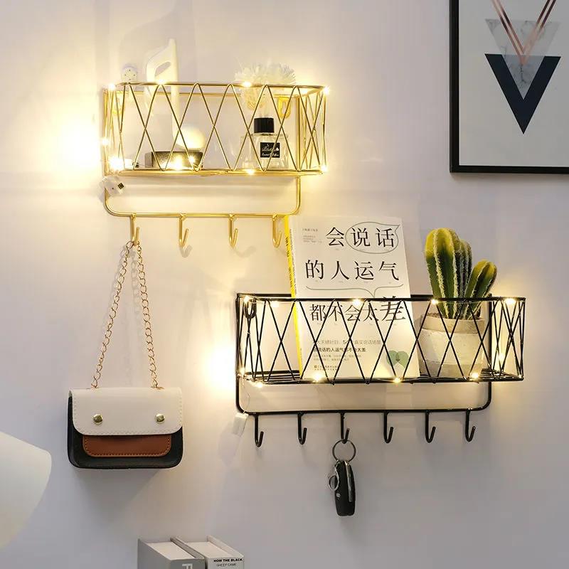 Home Storage Rack Metal Solid Wood Punch-free Storage Rack Waterproof Display Shelf with Light Strip