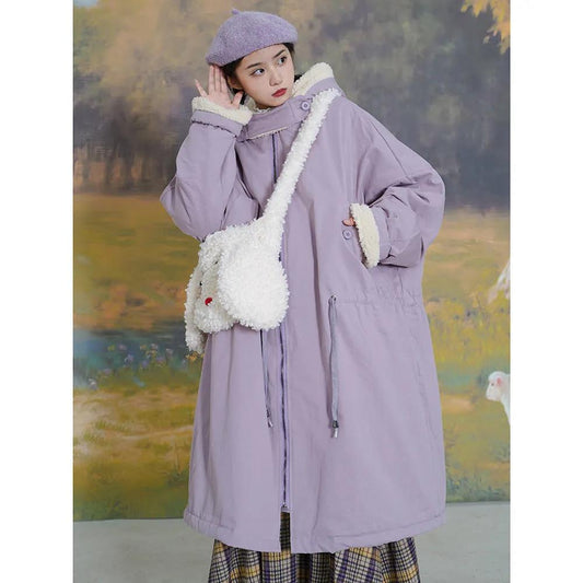 Korean Version of The Loose Padded Jacket for Female Students with Lamb Wool Padded Over-the-knee Padded Jacket