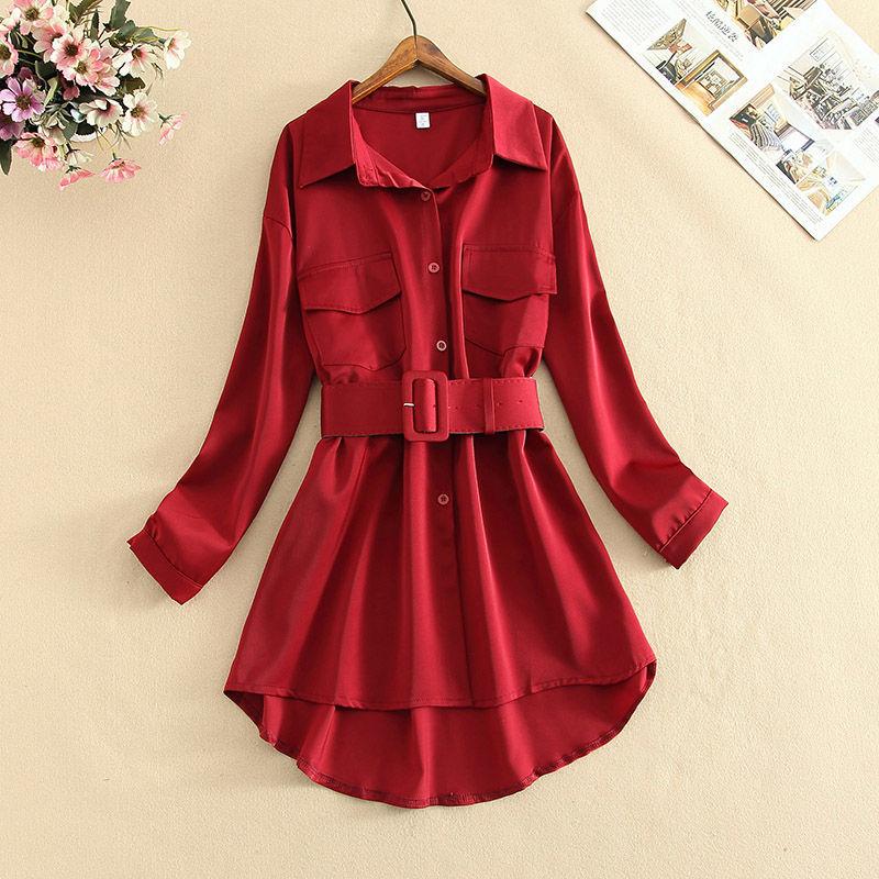 Spring  Autumn Women Dress Button Turn Down Collar  Long Sleeve Blouses Dress with Belt