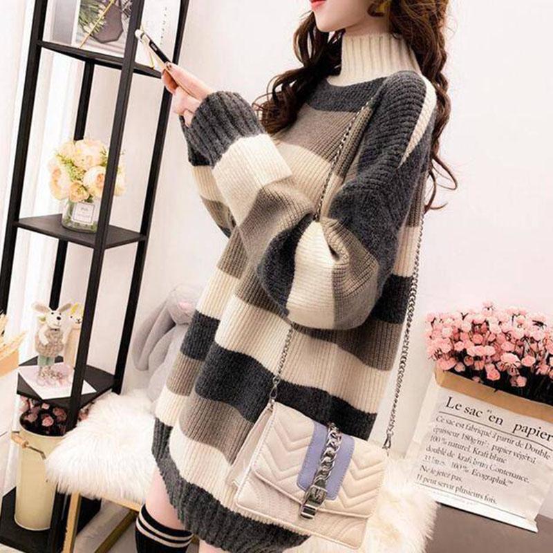 Women's Striped Turtleneck Sweater Long Sleeves Loose Mid-length Pullover Sweater Jumper
