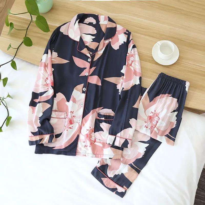 Spring Autumn Pajama Women Long Sleeve Trousers Ladies Sleepwear Suit Simple Casual Loose Pajamas Women's Home Wear