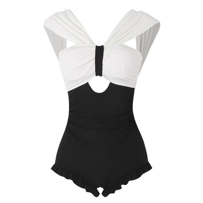Exquisite Bow Pure Desire Swimsuit Women's Sexy Cover Belly Thin One-piece Student Swimsuit Pleated Ruffled Sleeveless Beachwear