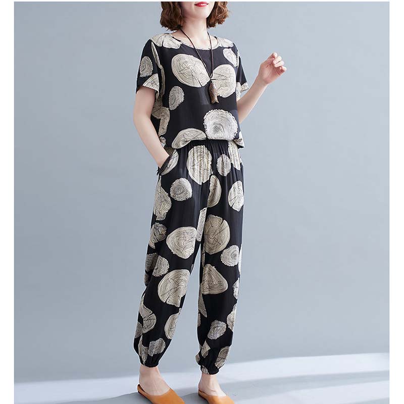 Women Summer Homewear Pajamas Set Short Sleeve Ninth Pants Casual Two Piece Set Print Loose Large Size Top and Pants Comfortable Tracksuirt Pajama Set