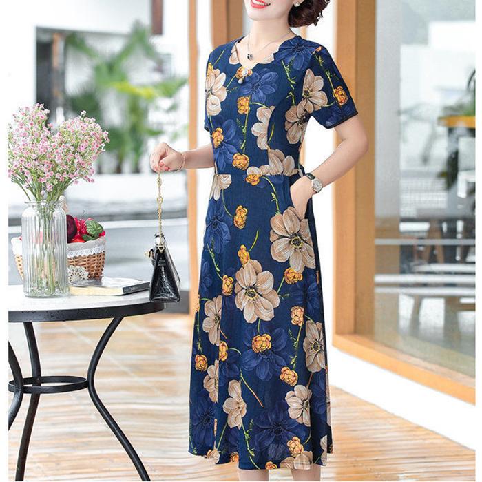 XL-XXXXXL Plus Size Summer Mid-length Printed Floral Ruffle Over-the-knee Dress V-Neck Short Sleeve A-line Skirt