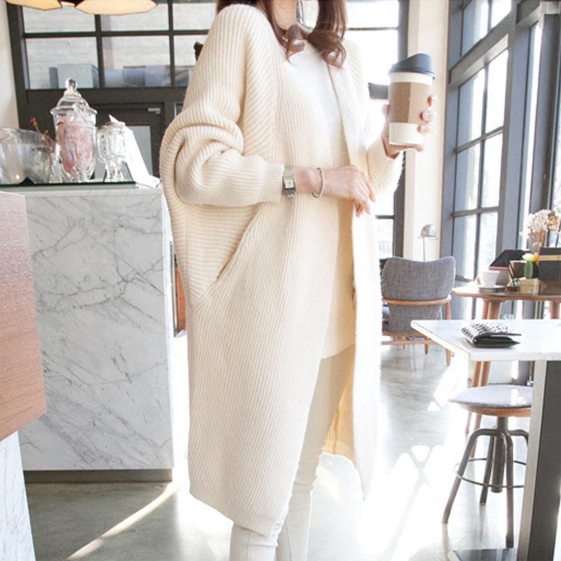 Mid-length Loose Knit Cardigan Batwing Sleeve Knitwear Outwear Sweater Autumn and Winter Fashion Casual Knit Coat