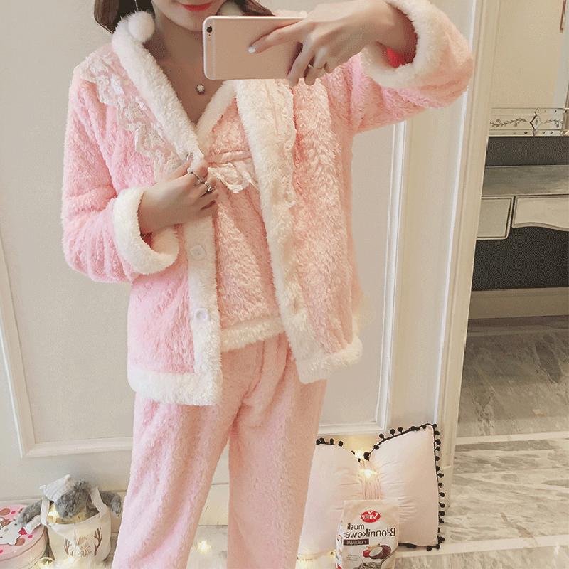 Women's Winter Pajamas Set Thickened Coral Fleece Sweet Cute Sexy Plush Suspenders Top Bottoms Four-piece Set Flannel Homewear Hairband
