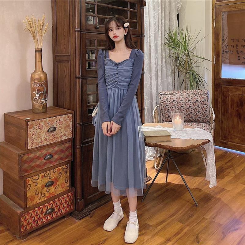 French Dress Korean Style Mid-length Long-sleeved Square Neckline Mesh  Receiving Waist Slim Skirt