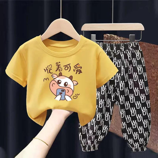 Summer Children's Short-sleeved Suit Boys' T-shirt Girls Middle and Small Children's Baby Cartoon Two-piece Suit