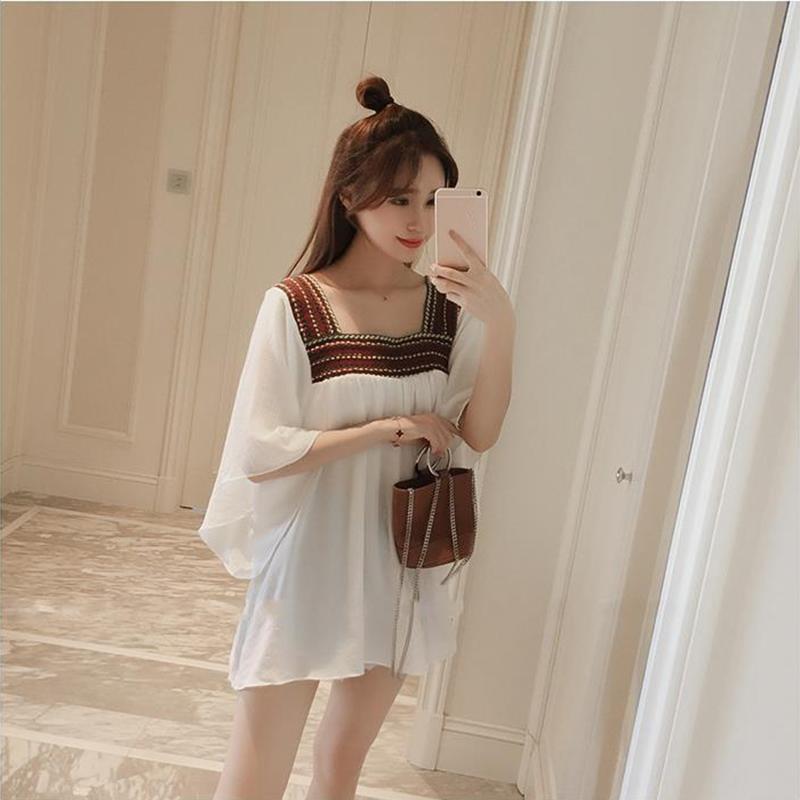 Ethnic Style Chiffon Dress Women Loose and Thin Bat Sleeves Large Size Square Neckline above knee Solid Color