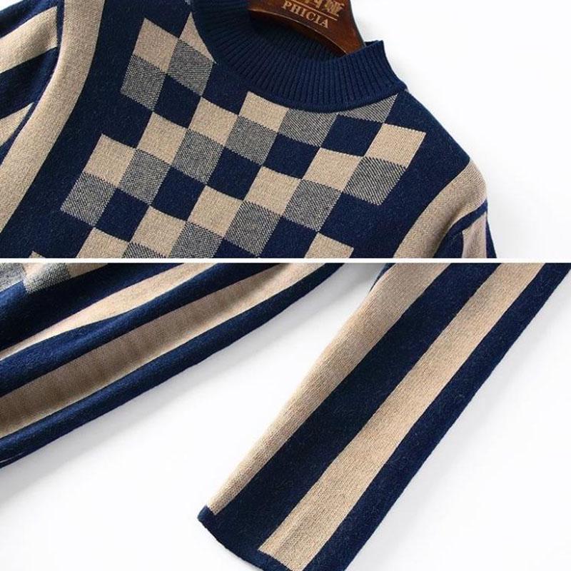 Autumn Winter Plaid Knitted Dress Women's Long  Bottoming Sweater Dress Slim High Neck Pullover Sweater with Sashes