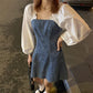Women's Spring and Summer French Minority Retro Square Neck Bubble Sleeve Age Reduced Waist Long Sleeve Denim Dress