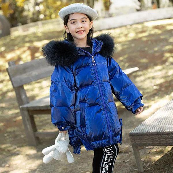 Winter Thickened All-match Big Children's White Duck Down Down Jacket Girls Mid-length Shiny Face Baby Girl Winter Thickened Children's Jacket