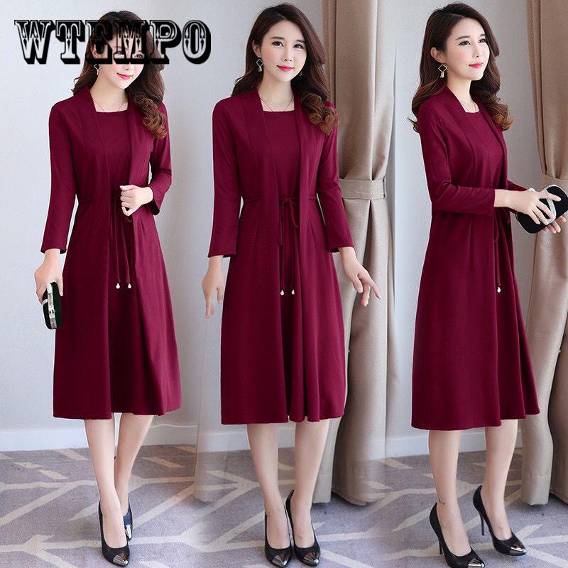 Large Size Women 'S Fake Two Piece Dress Female Long Sleeve Cover Belly Mother 'S Slimming