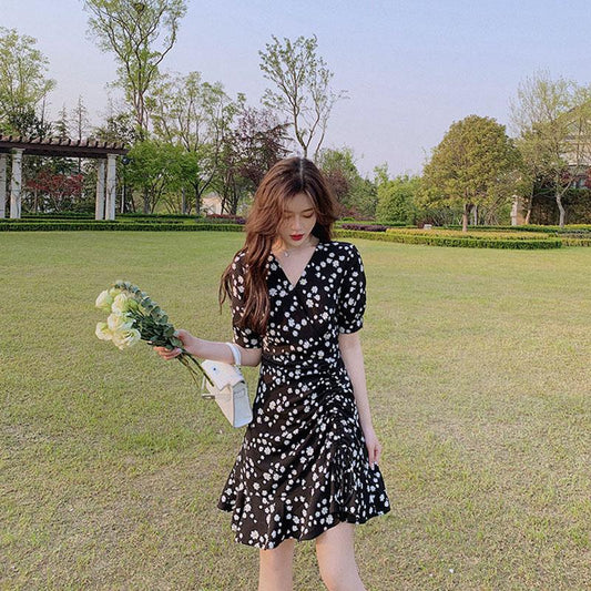 Women's Summer Dress V-neck Slim Floral A-line Skirt