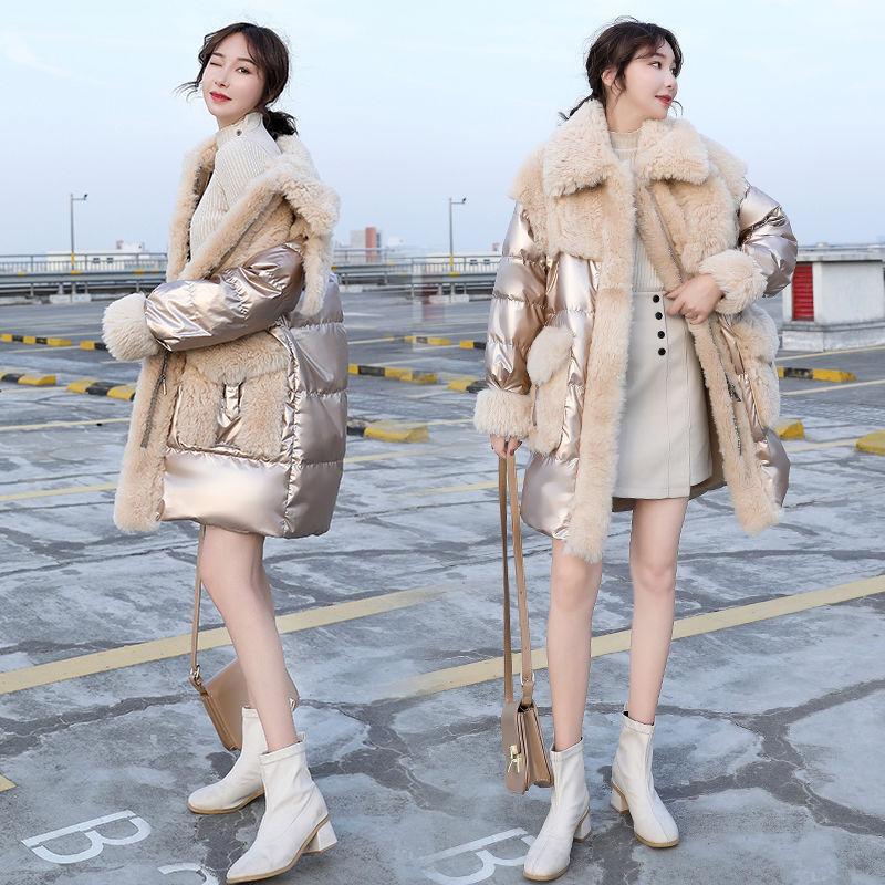 Cotton Women's Mid-length Women's Fur Collar Imitation Lamb Wool Splicing Shiny Coat