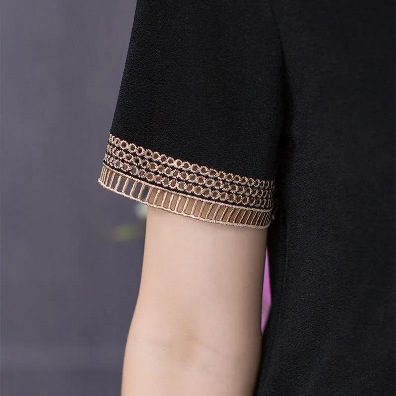 Summer Plus Size Black V-neck Dress Women's Loose and Slim A-line Skirt