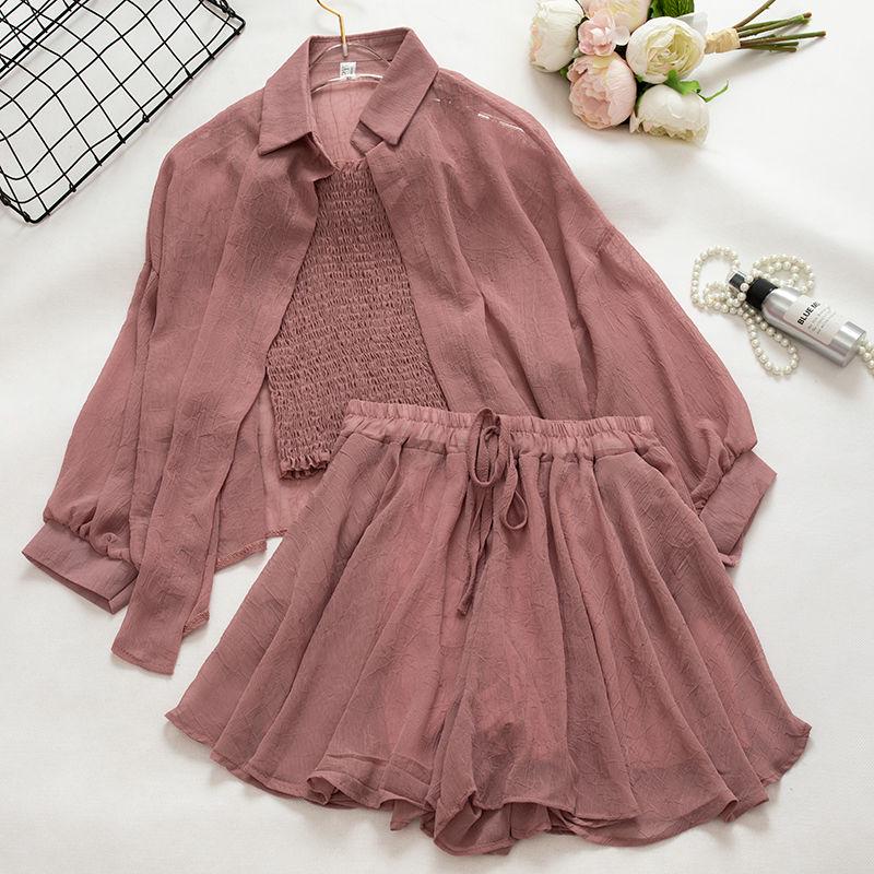 3pcs/set Women's Summer Shorts Sets Chiffon Cardigan Top Camisole Wide-leg Shorts Three-piece Set Women's Summer Outfits