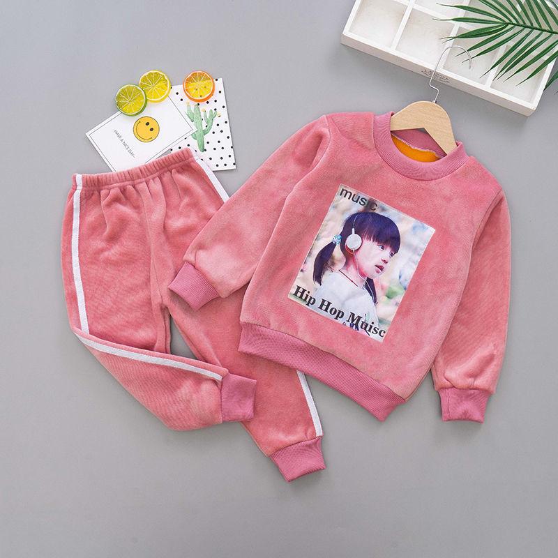 Double-faced Fleece Girls Two-piece Long-sleeved Plus Fleece Sweater Pants Spring, Autumn and Winter  Simple Fashion Suit Middle Small Children