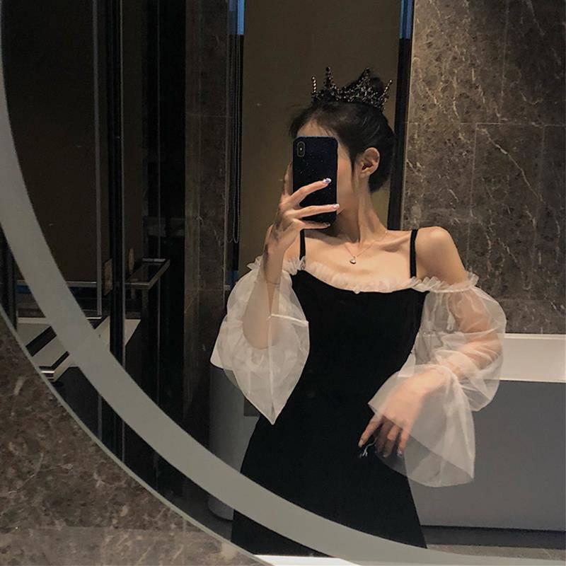 Mesh Ruffles Slash Neck Off Shoulder Lace Up Women Summer Korean Dress Women Spaghetti Strap Dresses