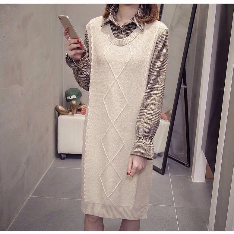 Autumn and Winter Mid-length Loose Sleeveless Sweater Pullover Fake Two-piece Knitted Skirt Bottoming Shirt