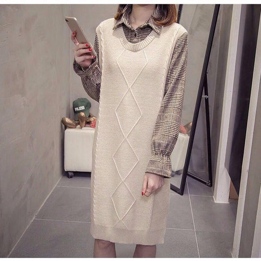 Autumn and Winter Mid-length Loose Sleeveless Sweater Pullover Fake Two-piece Knitted Skirt Bottoming Shirt